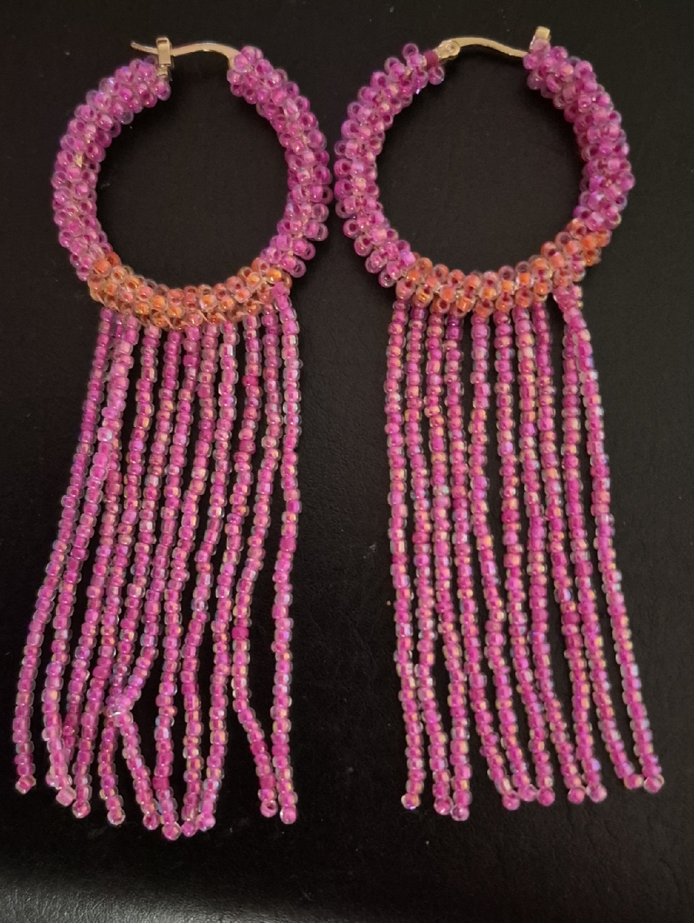Pink Sparkle Round Beaded Long Dangle Boho Earrings